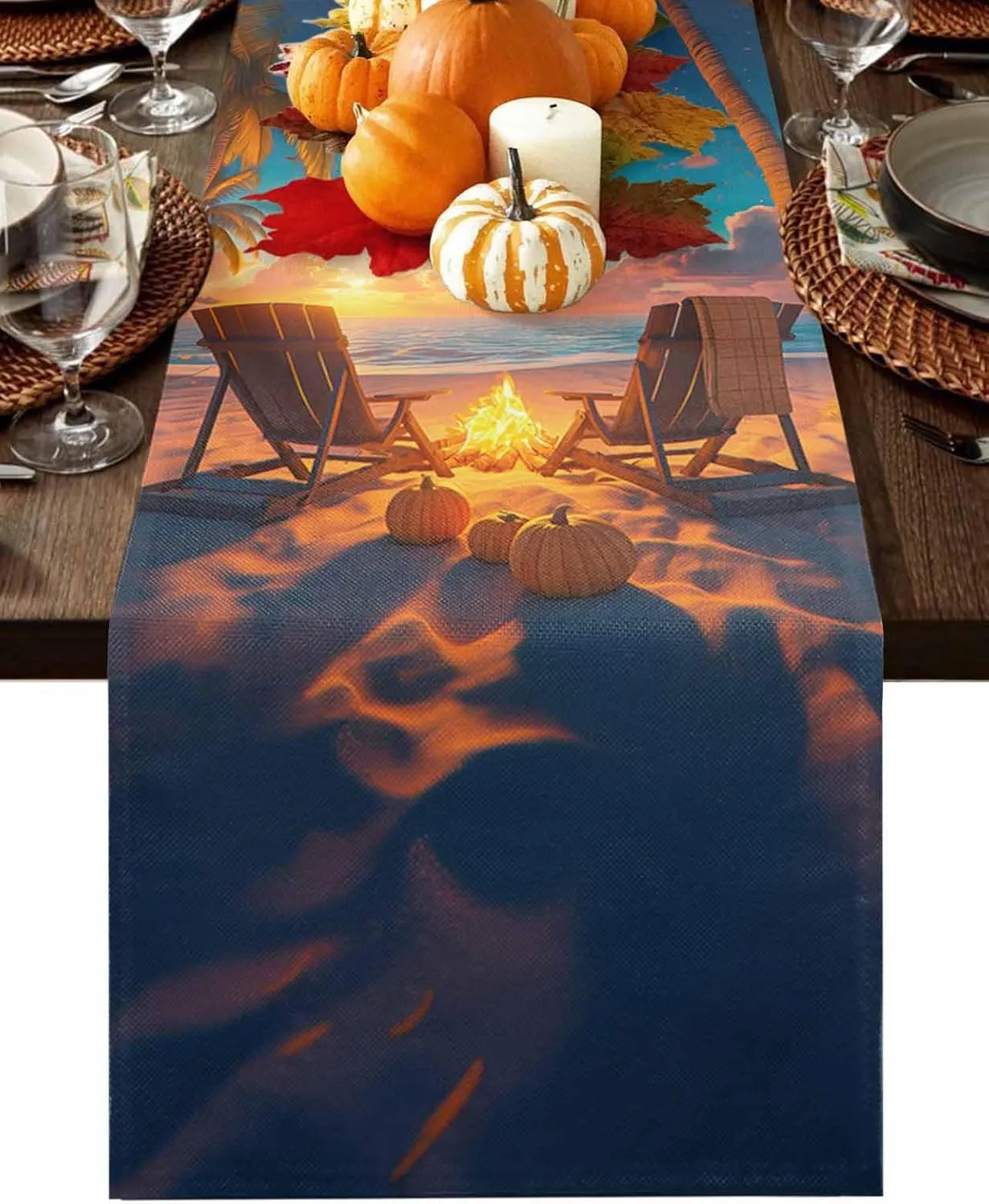 Autumn Beach Campfire Pumpkin Table Runner 90 Inches Long,Kitchen Dining Home Tablerunners Fall Sunset Seaside Theme Linen Table Runners Dresser Scarves for Home Dinner Wedding Holiday Party Decor