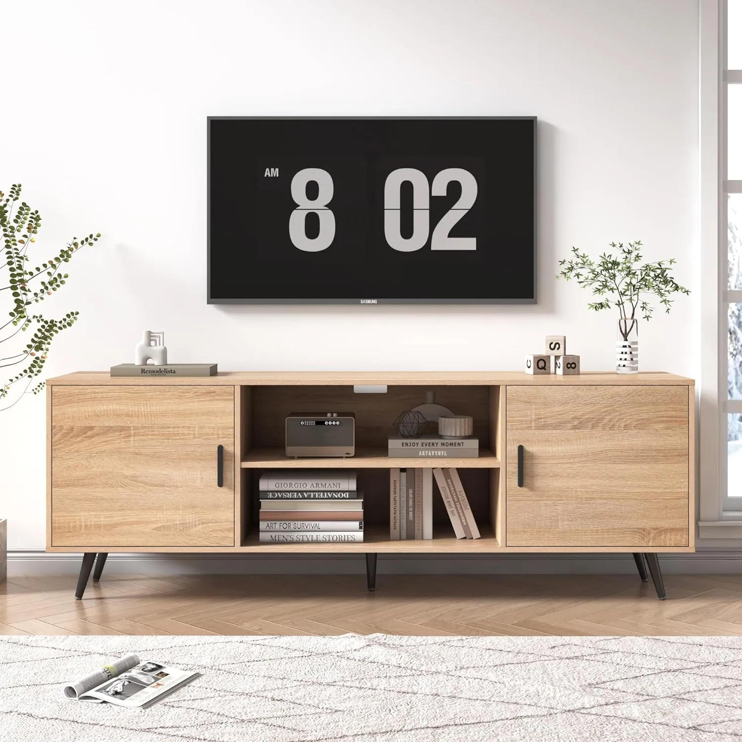 AUXSOUL Mid Century Modern TV Stand - 70" for 75" TV, Wood with Storage, Entertainment Center for Living Room & Bedroom, Media Console, Oak