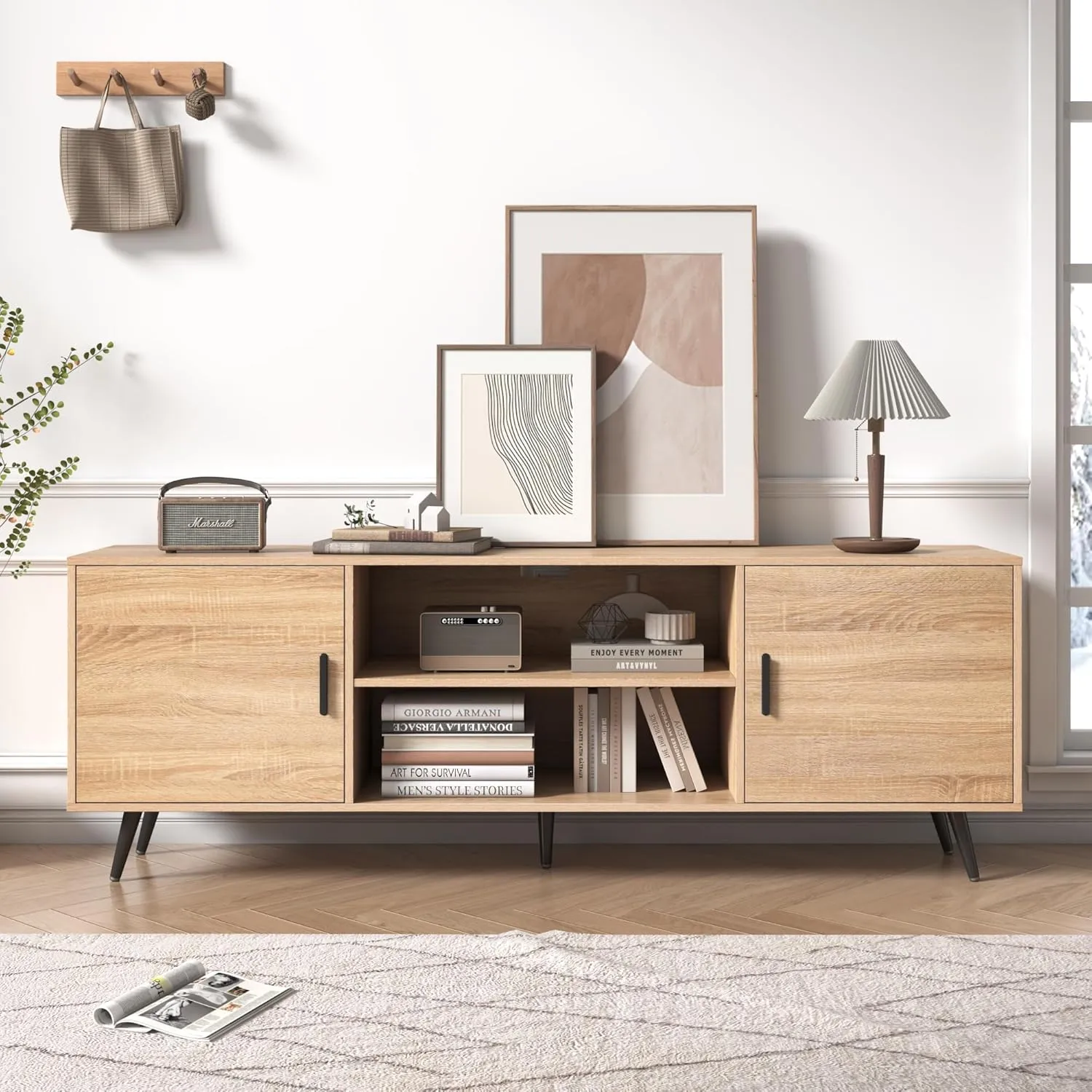 AUXSOUL Mid Century Modern TV Stand - 70" for 75" TV, Wood with Storage, Entertainment Center for Living Room & Bedroom, Media Console, Oak