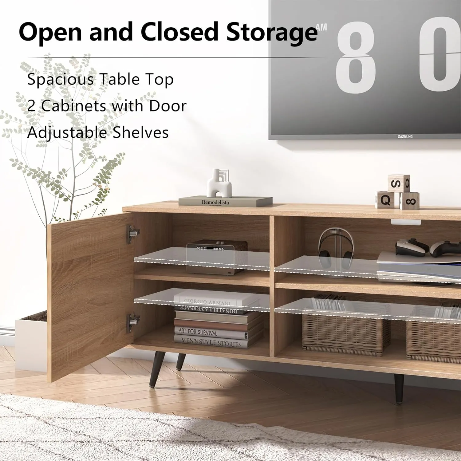 AUXSOUL Mid Century Modern TV Stand - 70" for 75" TV, Wood with Storage, Entertainment Center for Living Room & Bedroom, Media Console, Oak
