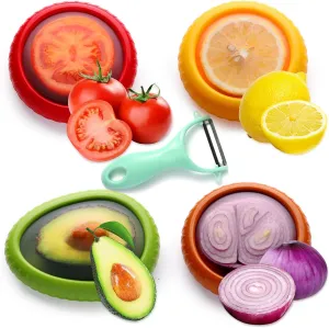 Avocado Saver & Tomato Holder – 4-Pack Reusable BPA-Free Silicone Food Storage Containers for Fridge, Includes Fruit Peeler – Airtight Fresh Pods for Garlic, Onions, Lemons, and Potatoes