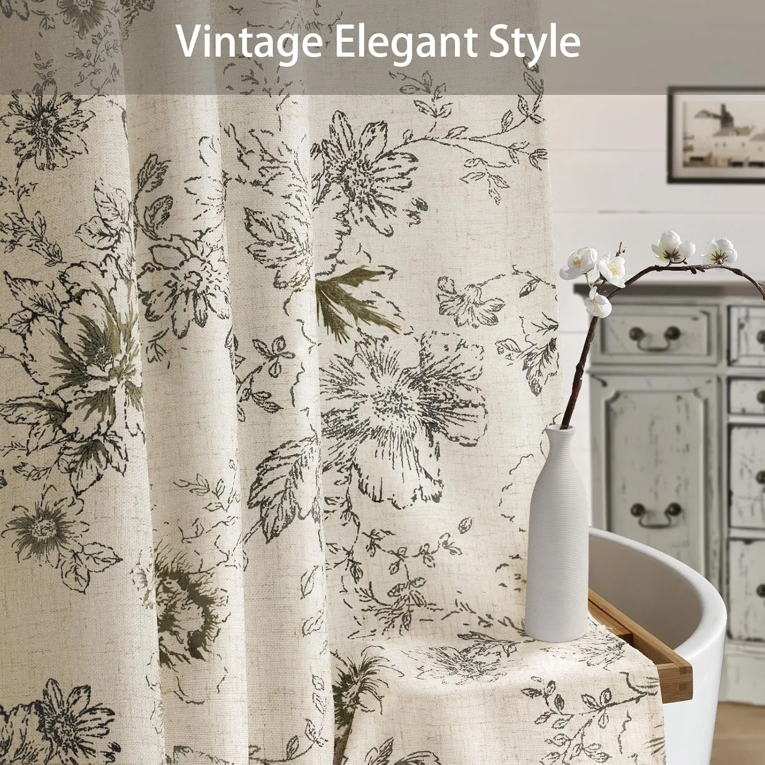 Awellife Farmhouse Vintage Shower Curtain Black Pattern Floral Linen Rustic Tattoo Shower Curtains for Bathroom, Tan Taupe, 72 Wx72 L