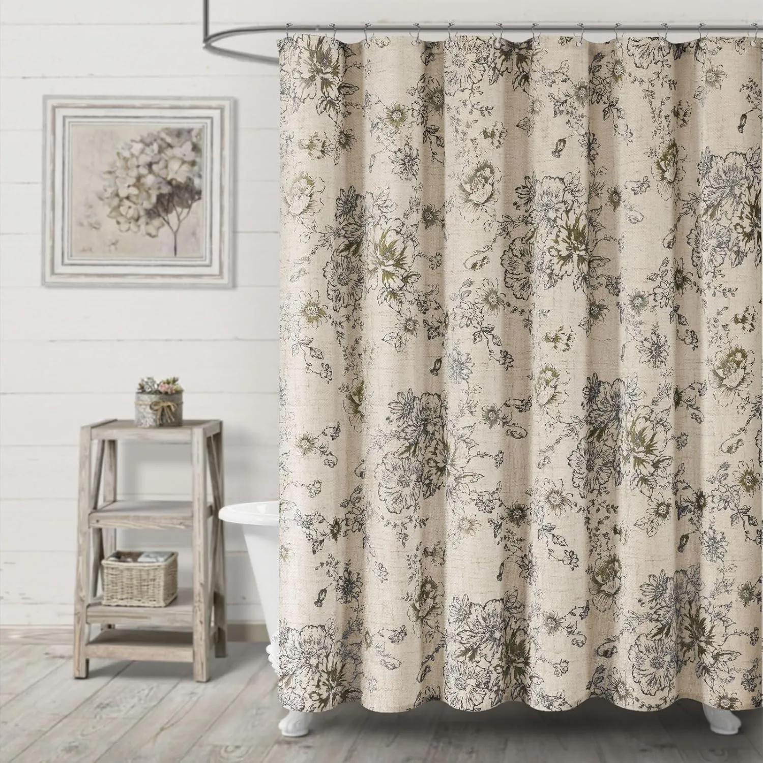 Awellife Farmhouse Vintage Shower Curtain Black Pattern Floral Linen Rustic Tattoo Shower Curtains for Bathroom, Tan Taupe, 72 Wx72 L