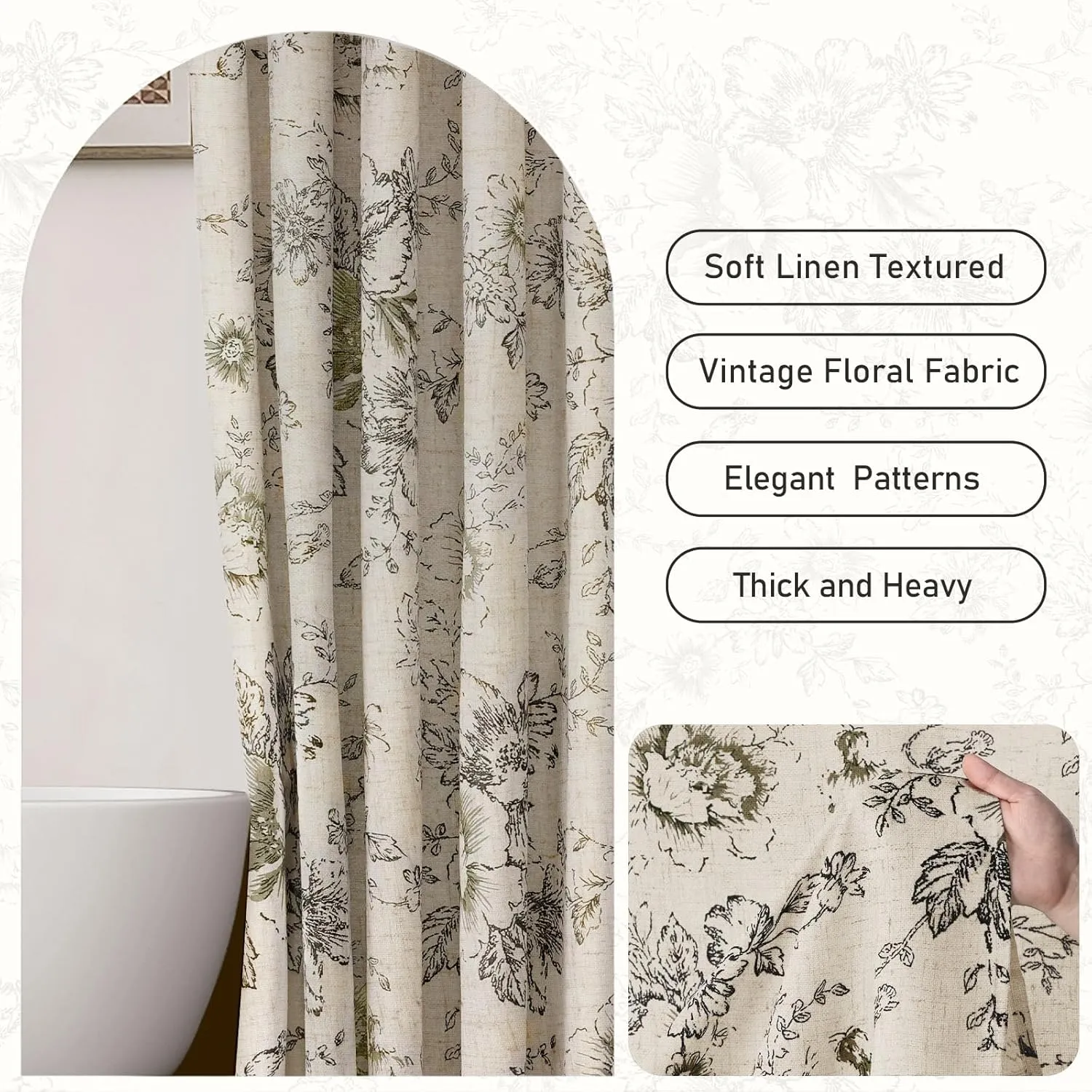 Awellife Farmhouse Vintage Shower Curtain Black Pattern Floral Linen Rustic Tattoo Shower Curtains for Bathroom, Tan Taupe, 72 Wx72 L