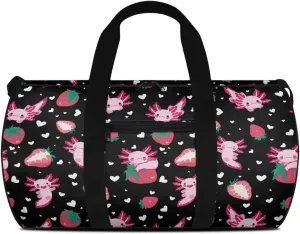 Axolotl Strawberry Gym Duffel Bag for Women, Workout Bag for Sports and Weekend Getaway, Adjustable Shoulder Strap Gym Bag, Lightweight Carryon Small Gym Bag