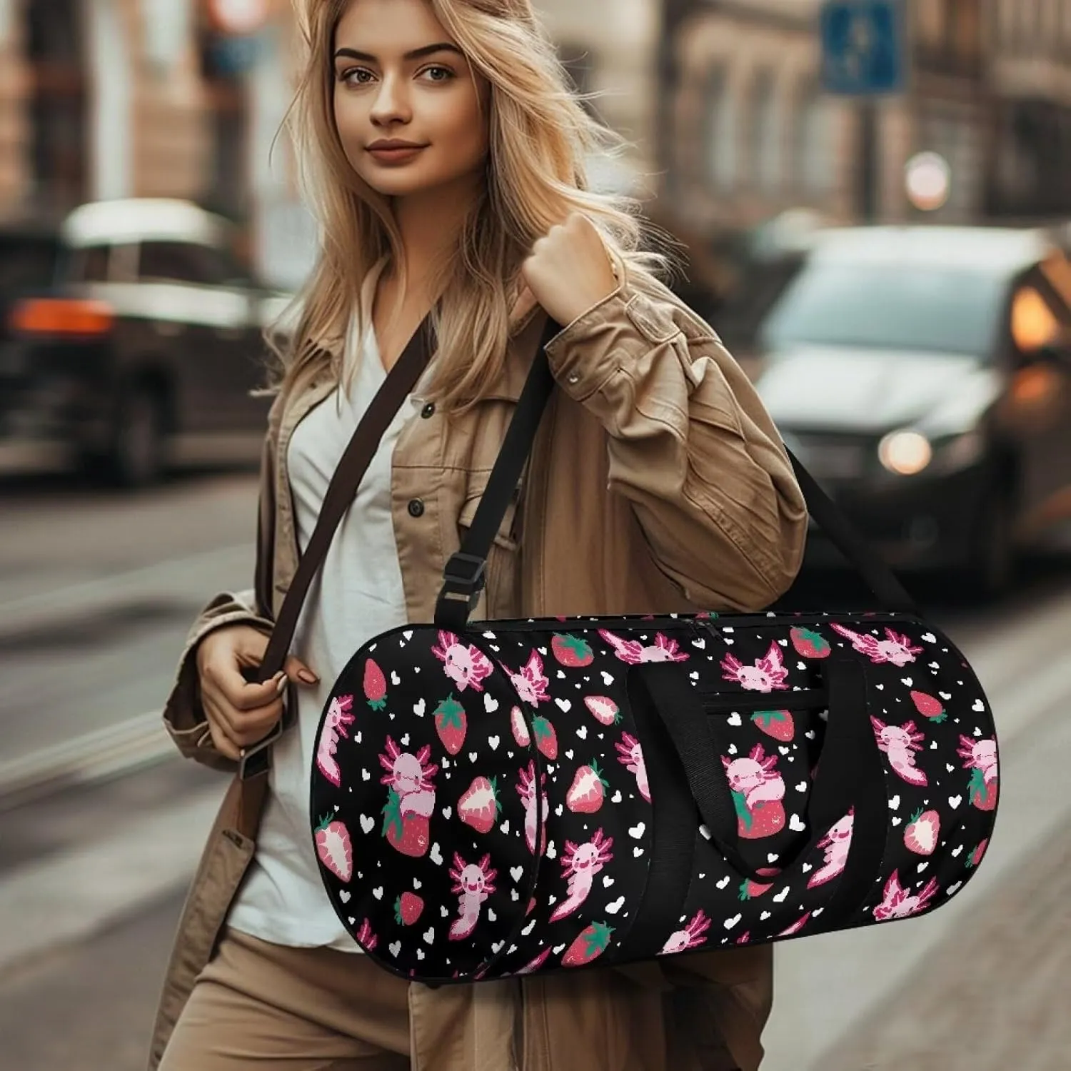 Axolotl Strawberry Gym Duffel Bag for Women, Workout Bag for Sports and Weekend Getaway, Adjustable Shoulder Strap Gym Bag, Lightweight Carryon Small Gym Bag