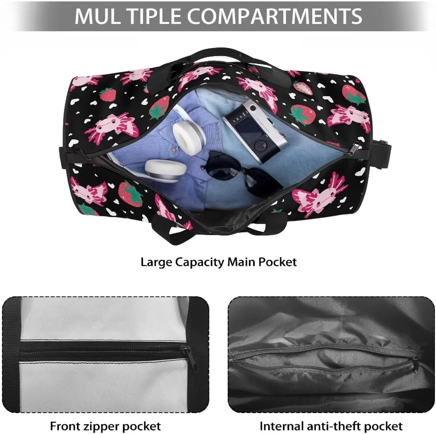 Axolotl Strawberry Gym Duffel Bag for Women, Workout Bag for Sports and Weekend Getaway, Adjustable Shoulder Strap Gym Bag, Lightweight Carryon Small Gym Bag