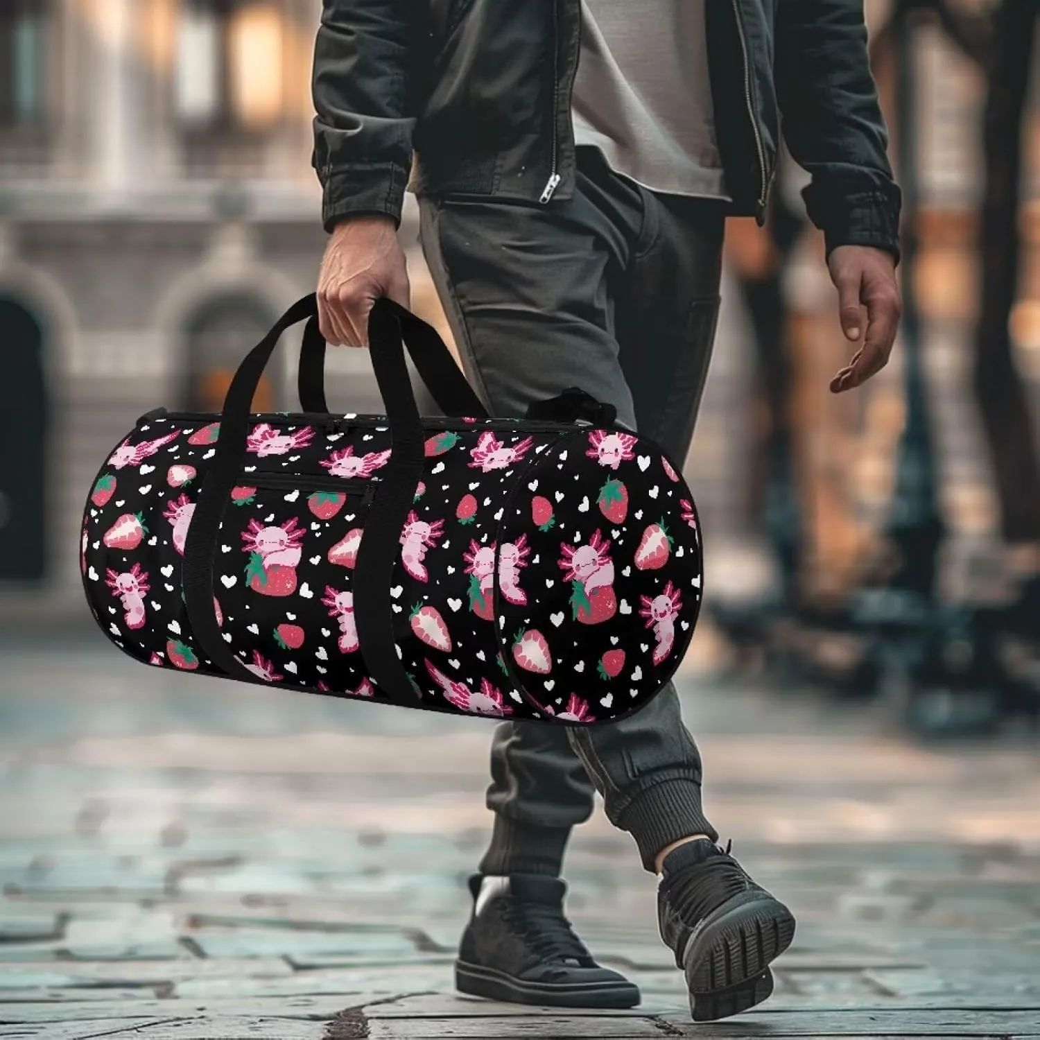 Axolotl Strawberry Gym Duffel Bag for Women, Workout Bag for Sports and Weekend Getaway, Adjustable Shoulder Strap Gym Bag, Lightweight Carryon Small Gym Bag