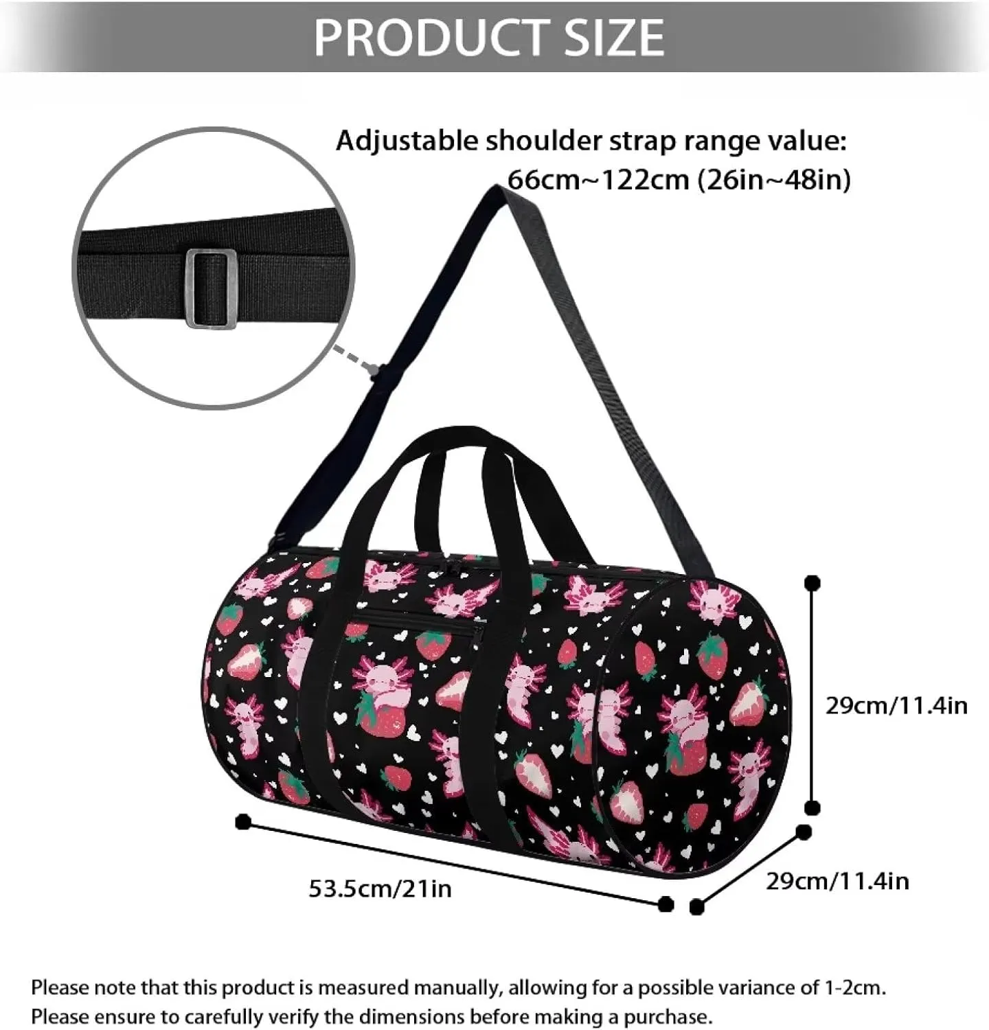 Axolotl Strawberry Gym Duffel Bag for Women, Workout Bag for Sports and Weekend Getaway, Adjustable Shoulder Strap Gym Bag, Lightweight Carryon Small Gym Bag