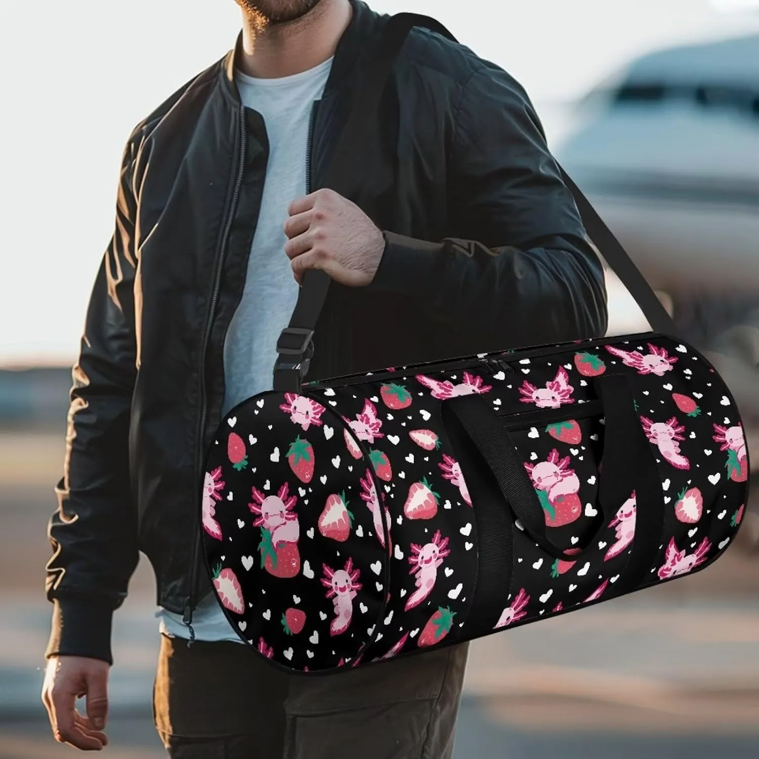 Axolotl Strawberry Gym Duffel Bag for Women, Workout Bag for Sports and Weekend Getaway, Adjustable Shoulder Strap Gym Bag, Lightweight Carryon Small Gym Bag