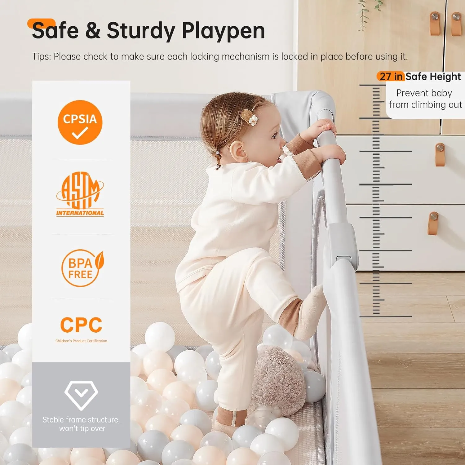Baby Playpen,Foldable Portable Playpen for Babies and Toddlers,59”x59”Play Pen with Zipper Door,Baby Play Pen Indoor & Outdoor Baby Fence Play Area, Collapsible Play Yard with Travel Bag,Light Grey