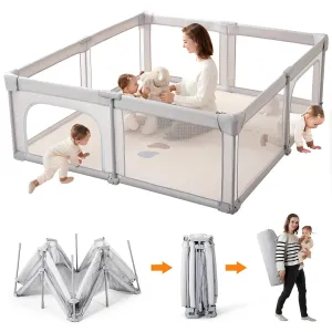 Baby Playpen,Foldable Portable Playpen for Babies and Toddlers,59”x59”Play Pen with Zipper Door,Baby Play Pen Indoor & Outdoor Baby Fence Play Area, Collapsible Play Yard with Travel Bag,Light Grey