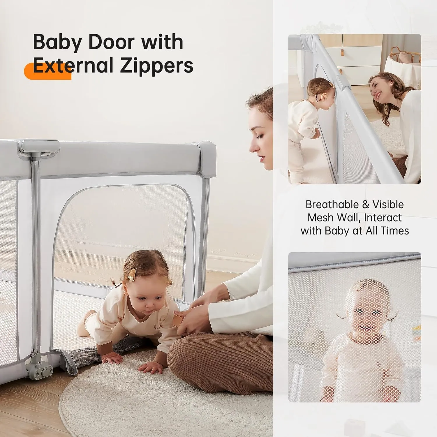 Baby Playpen,Foldable Portable Playpen for Babies and Toddlers,59”x59”Play Pen with Zipper Door,Baby Play Pen Indoor & Outdoor Baby Fence Play Area, Collapsible Play Yard with Travel Bag,Light Grey