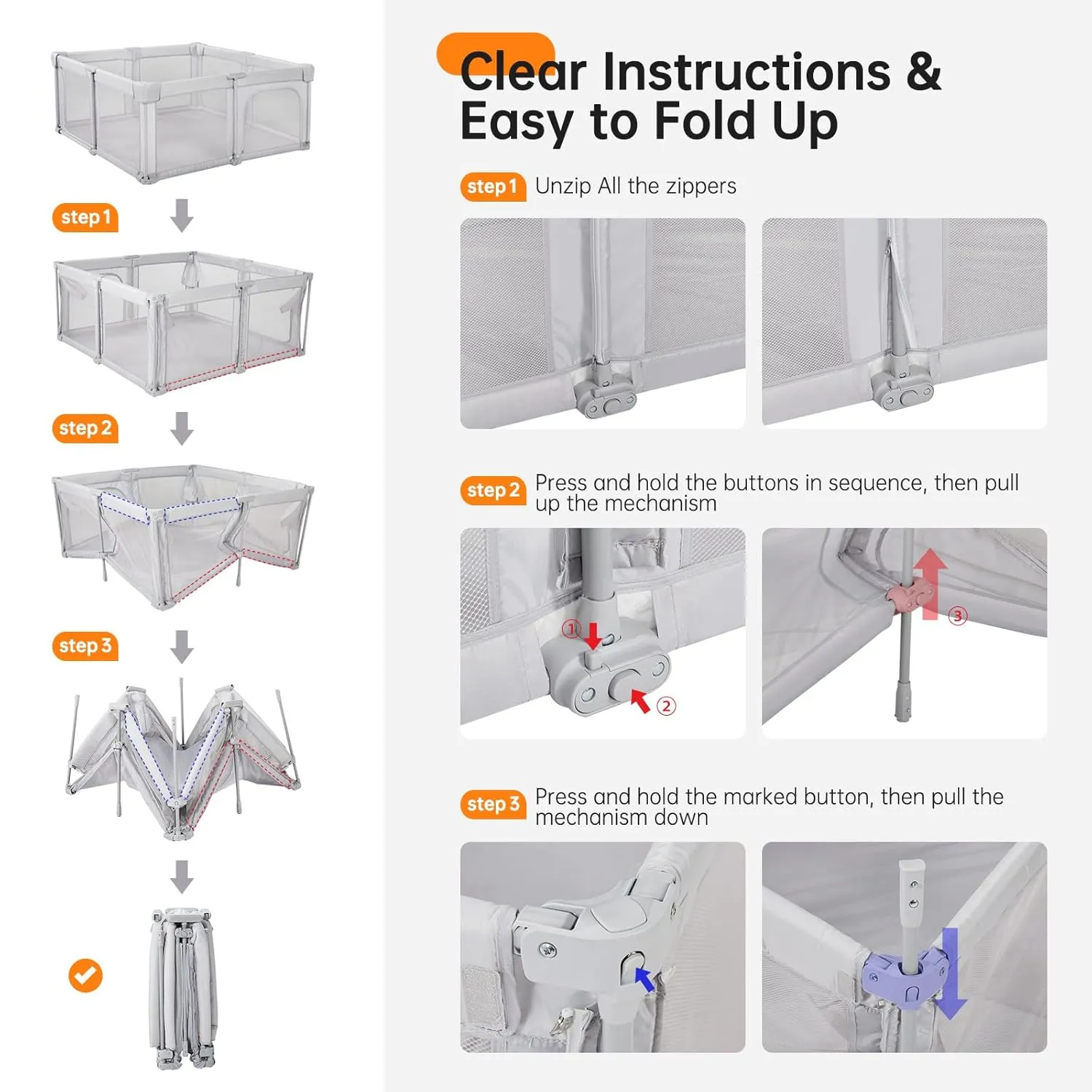 Baby Playpen,Foldable Portable Playpen for Babies and Toddlers,59”x59”Play Pen with Zipper Door,Baby Play Pen Indoor & Outdoor Baby Fence Play Area, Collapsible Play Yard with Travel Bag,Light Grey