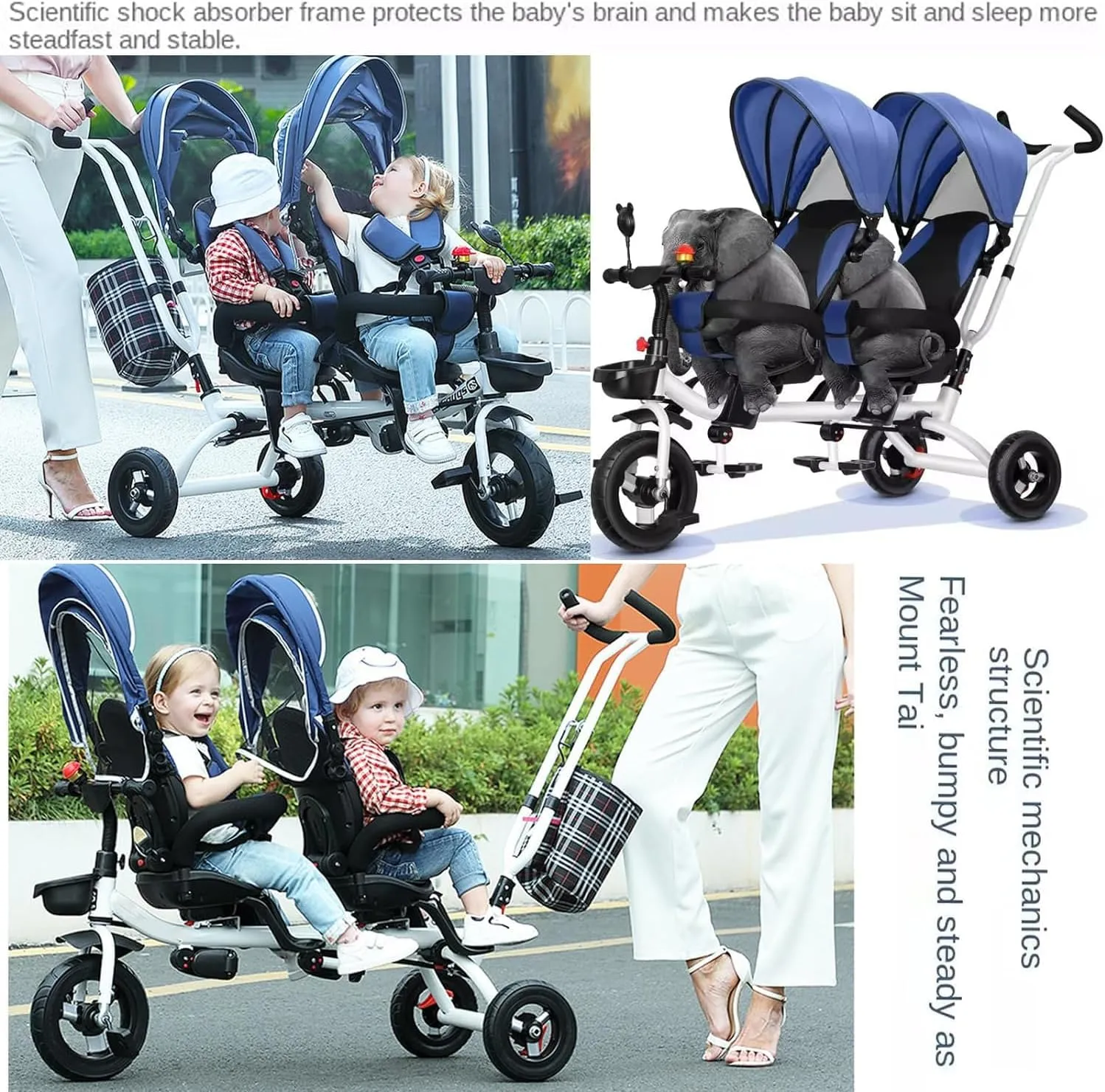Baby Twin Kids Tricycle,360°Swivel Seat,Adjustable Carport and Seat Backrest,Can Be Turned to Push The Guardrail Parasol Convertible Stroller,Gray