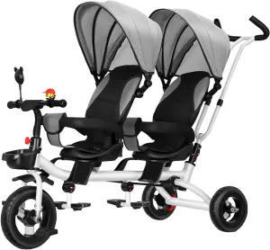 Baby Twin Kids Tricycle,360°Swivel Seat,Adjustable Carport and Seat Backrest,Can Be Turned to Push The Guardrail Parasol Convertible Stroller,Gray