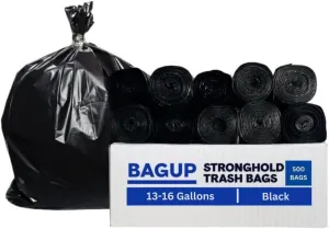 BAG UP Solutions Stronghold Trash Bags, Garbage Bags, Bin Liners, For Domestic & Office Use, 13-16 Gallons, 24 x 33 Inches, 500 Bags, Black