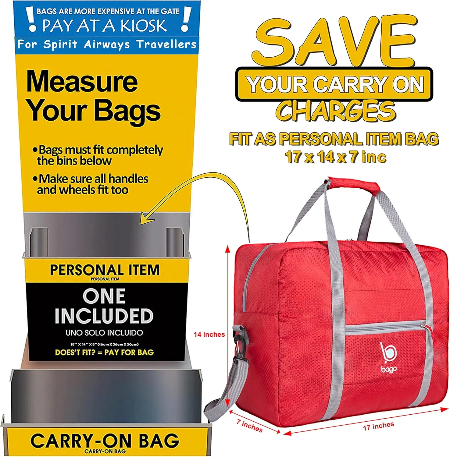 Bago Personal Item Travel Bag For Airlines - Fits As 18x14x8 inches Travel Bag Spirit & Frontier Airlines - Foldable Duffle Bag For Travel - Personal Item Bag Small Carry On Bag For Air Travel