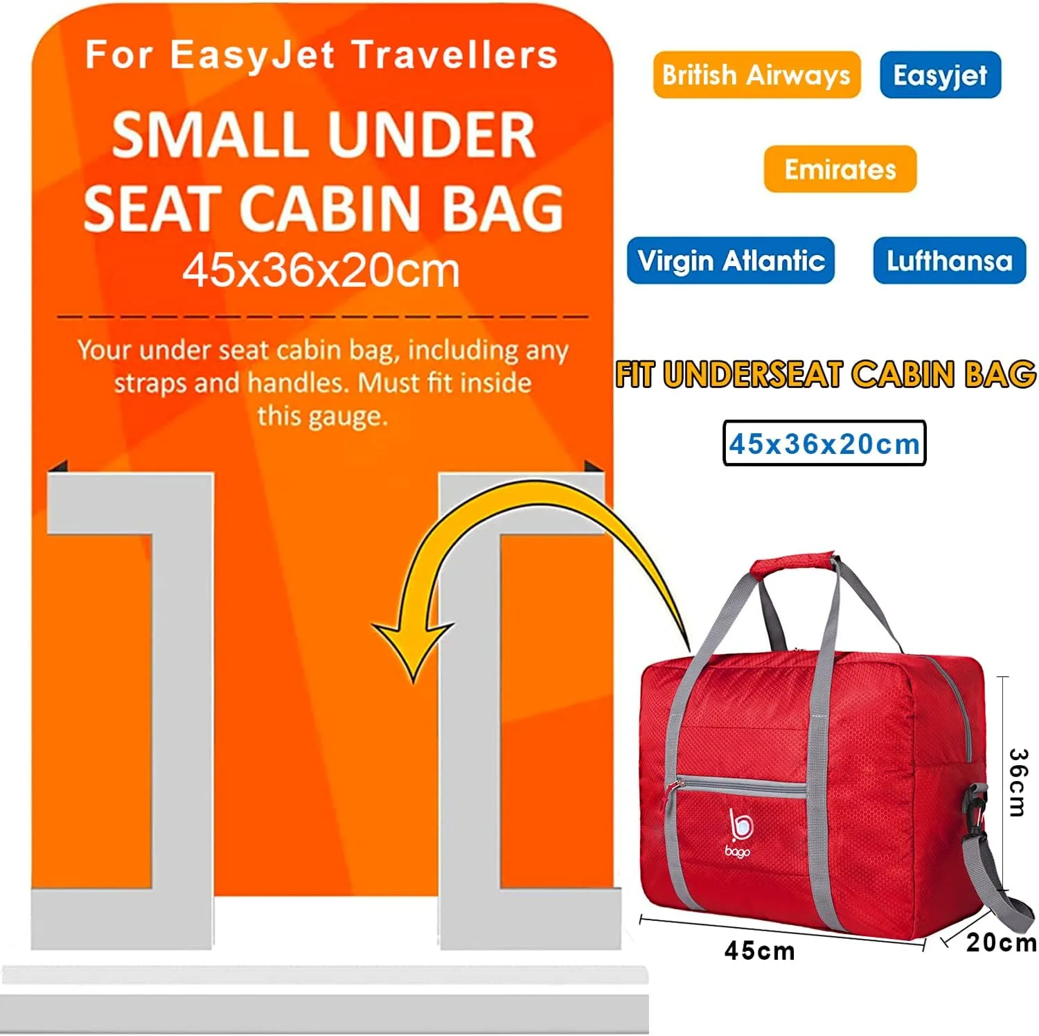 Bago Personal Item Travel Bag For Airlines - Fits As 18x14x8 inches Travel Bag Spirit & Frontier Airlines - Foldable Duffle Bag For Travel - Personal Item Bag Small Carry On Bag For Air Travel