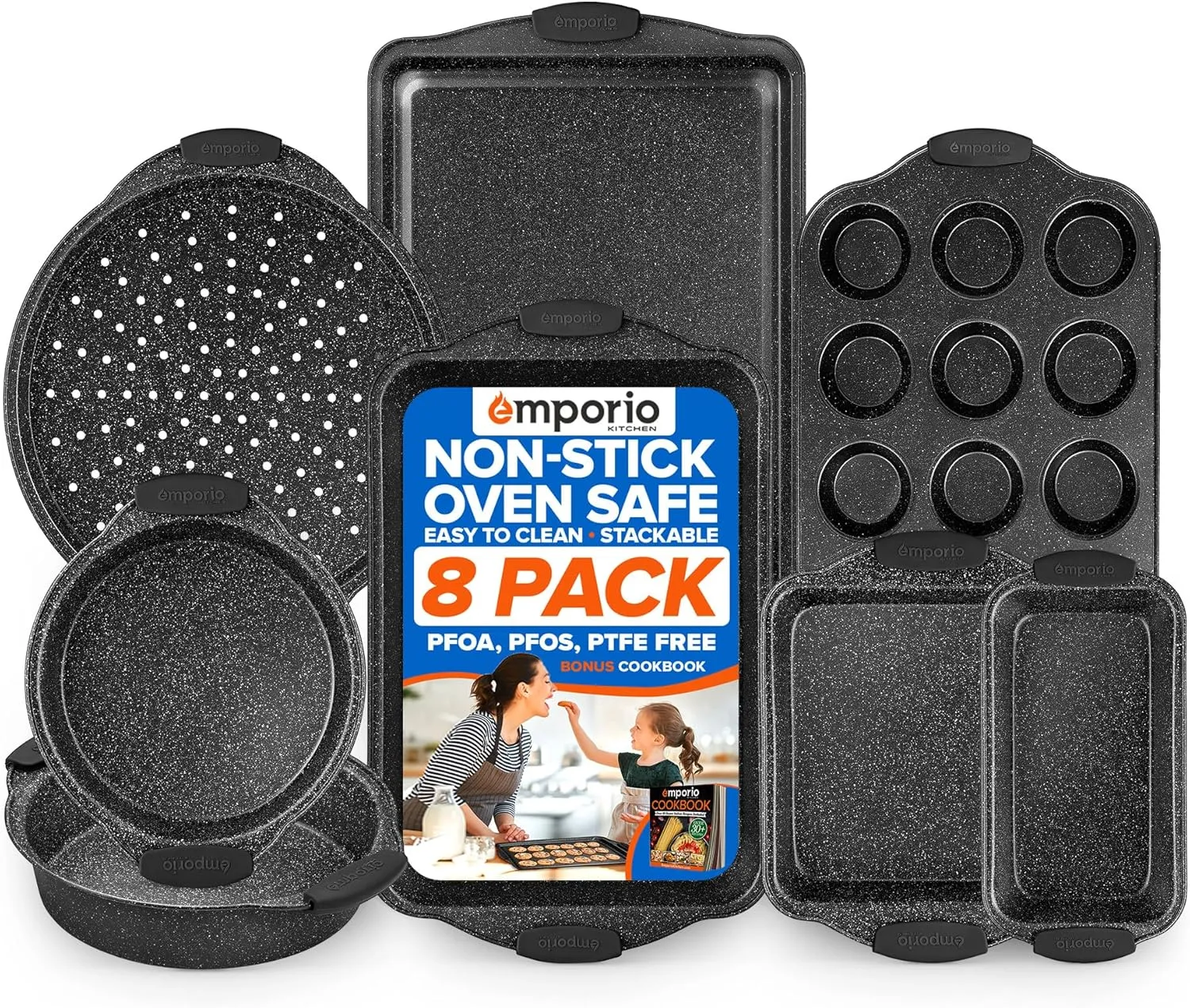 Baking Pan Set - Nonstick Coating, Carbon Steel Bakeware Sets with Gray Silicone Handles, PFOA, PFOS, PTFE Free, Recipe Booklet Included, Oven Safe Tray (Up To 450° F), Set of 8 - Gray