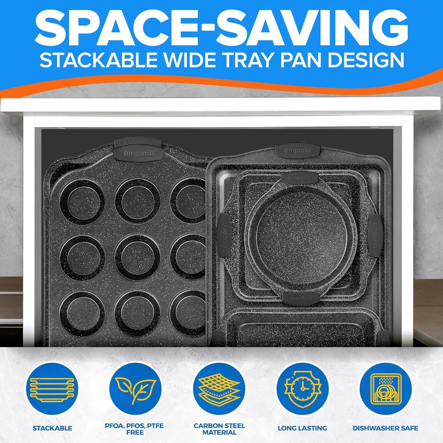 Baking Pan Set - Nonstick Coating, Carbon Steel Bakeware Sets with Gray Silicone Handles, PFOA, PFOS, PTFE Free, Recipe Booklet Included, Oven Safe Tray (Up To 450° F), Set of 8 - Gray