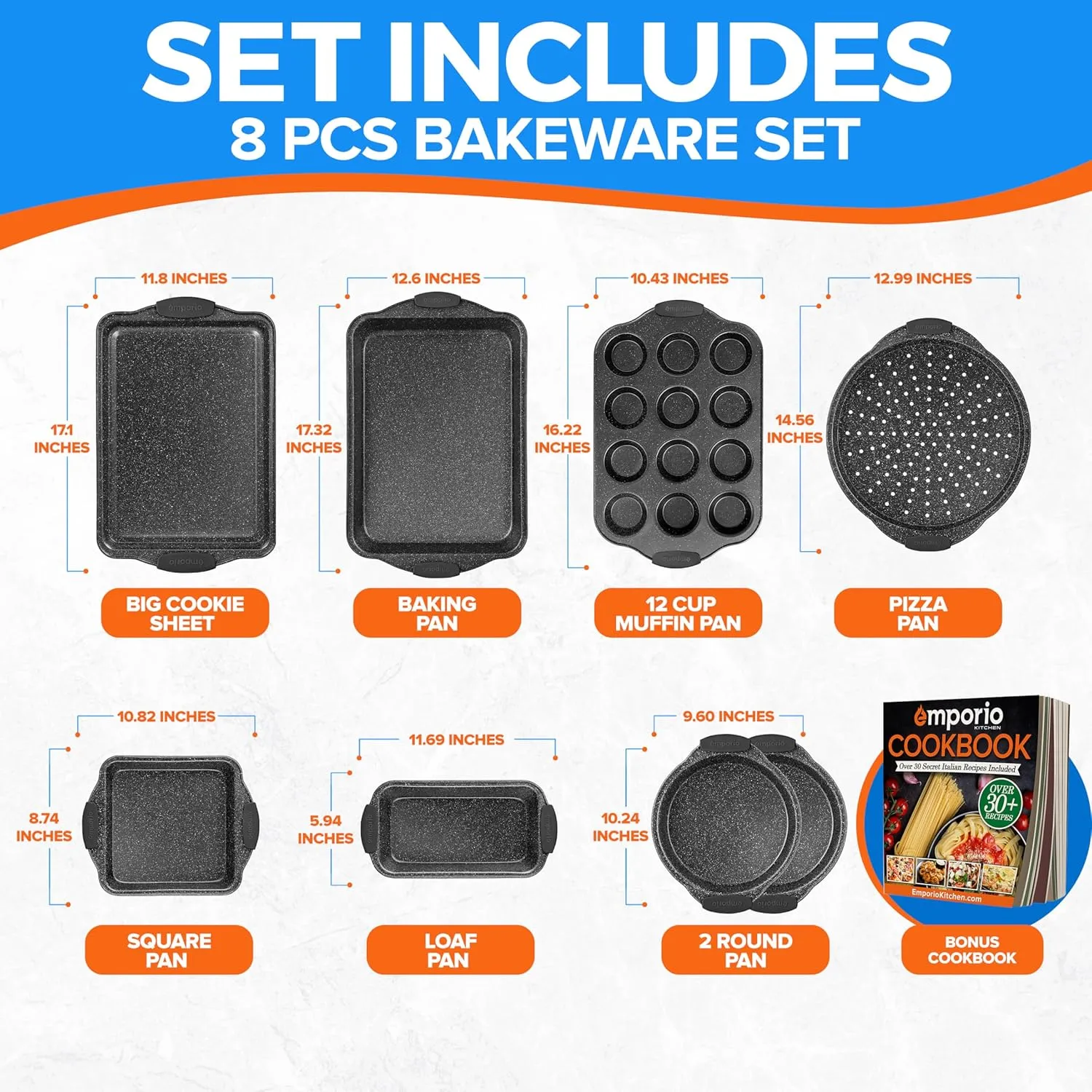 Baking Pan Set - Nonstick Coating, Carbon Steel Bakeware Sets with Gray Silicone Handles, PFOA, PFOS, PTFE Free, Recipe Booklet Included, Oven Safe Tray (Up To 450° F), Set of 8 - Gray