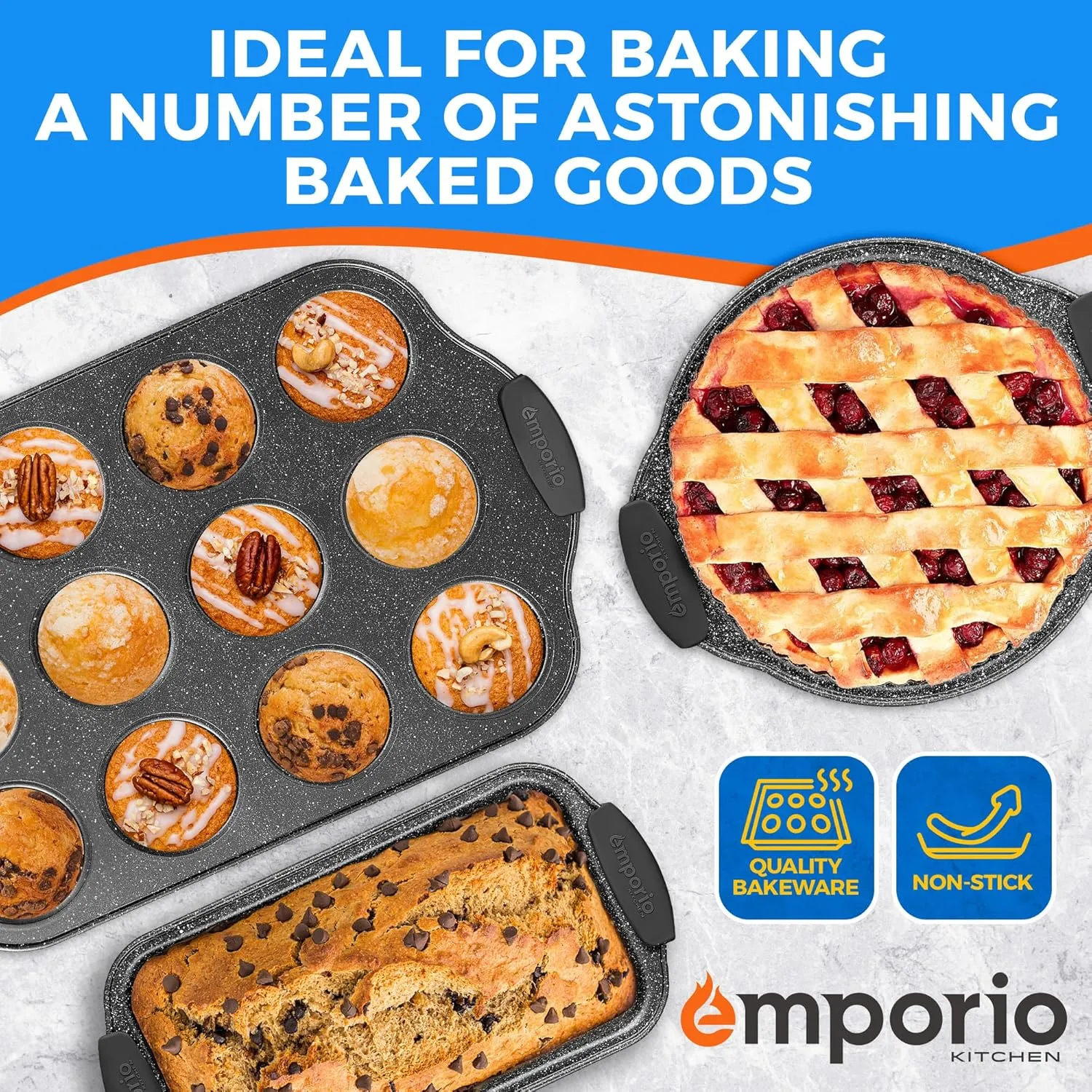 Baking Pan Set - Nonstick Coating, Carbon Steel Bakeware Sets with Gray Silicone Handles, PFOA, PFOS, PTFE Free, Recipe Booklet Included, Oven Safe Tray (Up To 450° F), Set of 8 - Gray