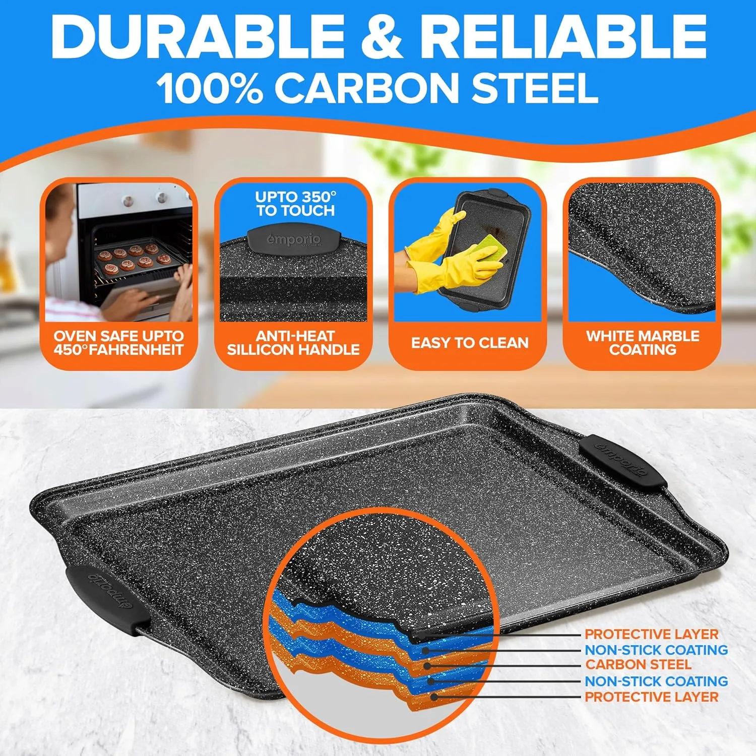 Baking Pan Set - Nonstick Coating, Carbon Steel Bakeware Sets with Gray Silicone Handles, PFOA, PFOS, PTFE Free, Recipe Booklet Included, Oven Safe Tray (Up To 450° F), Set of 8 - Gray
