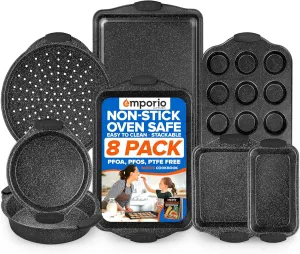 Baking Pan Set - Nonstick Coating, Carbon Steel Bakeware Sets with Gray Silicone Handles, PFOA, PFOS, PTFE Free, Recipe Booklet Included, Oven Safe Tray (Up To 450° F), Set of 8 - Gray