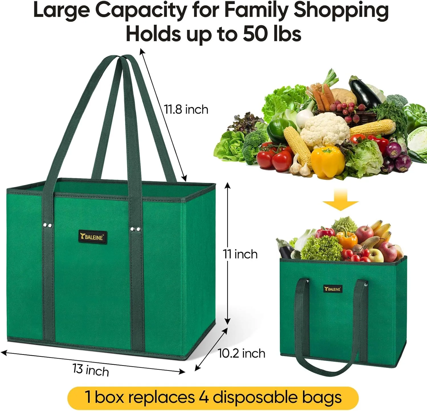 BALEINE 3Pk Reusable Grocery Bags, Foldable Shopping Bags for Groceries with Reinforced Bottom & Handles (Green)