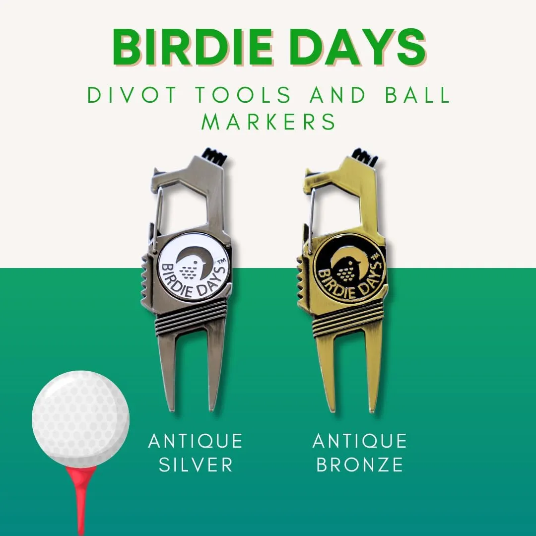 Ball Marker and Magnetic Divot Tool Gift Sets | Antique Silver or Brass Finish | 2 Markers | 1 Multi-Functional Golf Divot Repair | Bottle Opener | Groove Brush Cleaner | Premium Gift Box