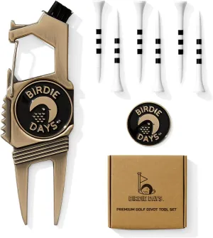 Ball Marker and Magnetic Divot Tool Gift Sets | Antique Silver or Brass Finish | 2 Markers | 1 Multi-Functional Golf Divot Repair | Bottle Opener | Groove Brush Cleaner | Premium Gift Box