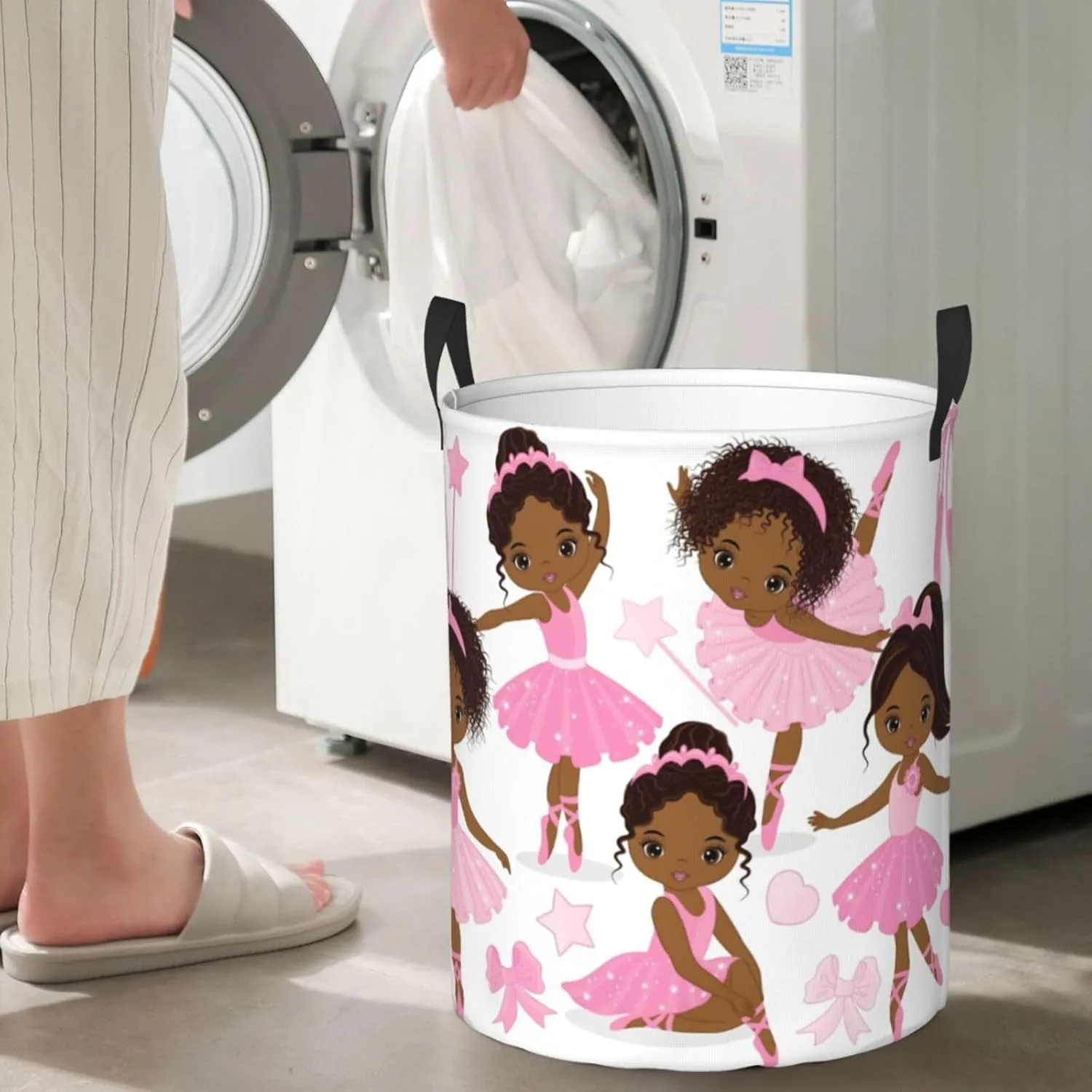 Ballerina Girls Ballet Dancers Laundry Basket Waterproof Fabric Foldable Laundry Hamper Circular Durable Dirty Clothes Storage Bag Organizer with Handles for Bedroom Bathroom Dorm Living Room Nursery