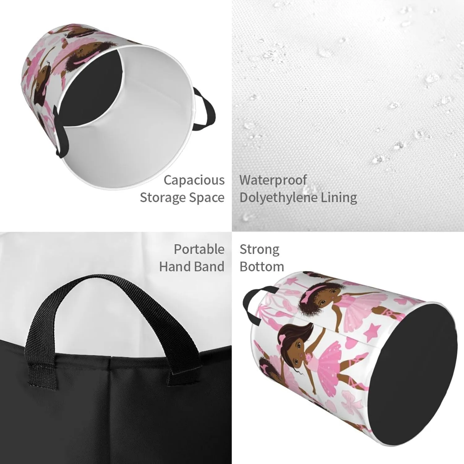 Ballerina Girls Ballet Dancers Laundry Basket Waterproof Fabric Foldable Laundry Hamper Circular Durable Dirty Clothes Storage Bag Organizer with Handles for Bedroom Bathroom Dorm Living Room Nursery