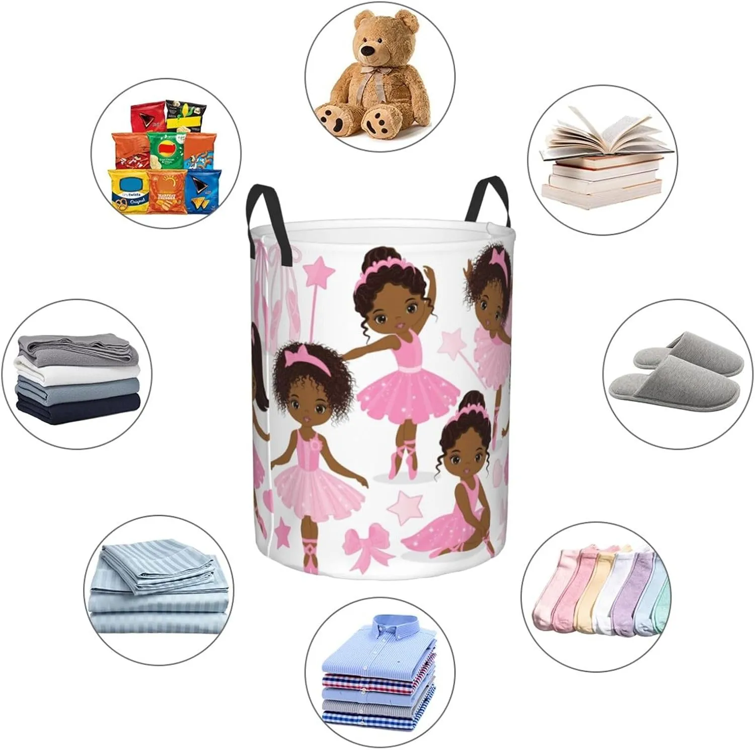Ballerina Girls Ballet Dancers Laundry Basket Waterproof Fabric Foldable Laundry Hamper Circular Durable Dirty Clothes Storage Bag Organizer with Handles for Bedroom Bathroom Dorm Living Room Nursery