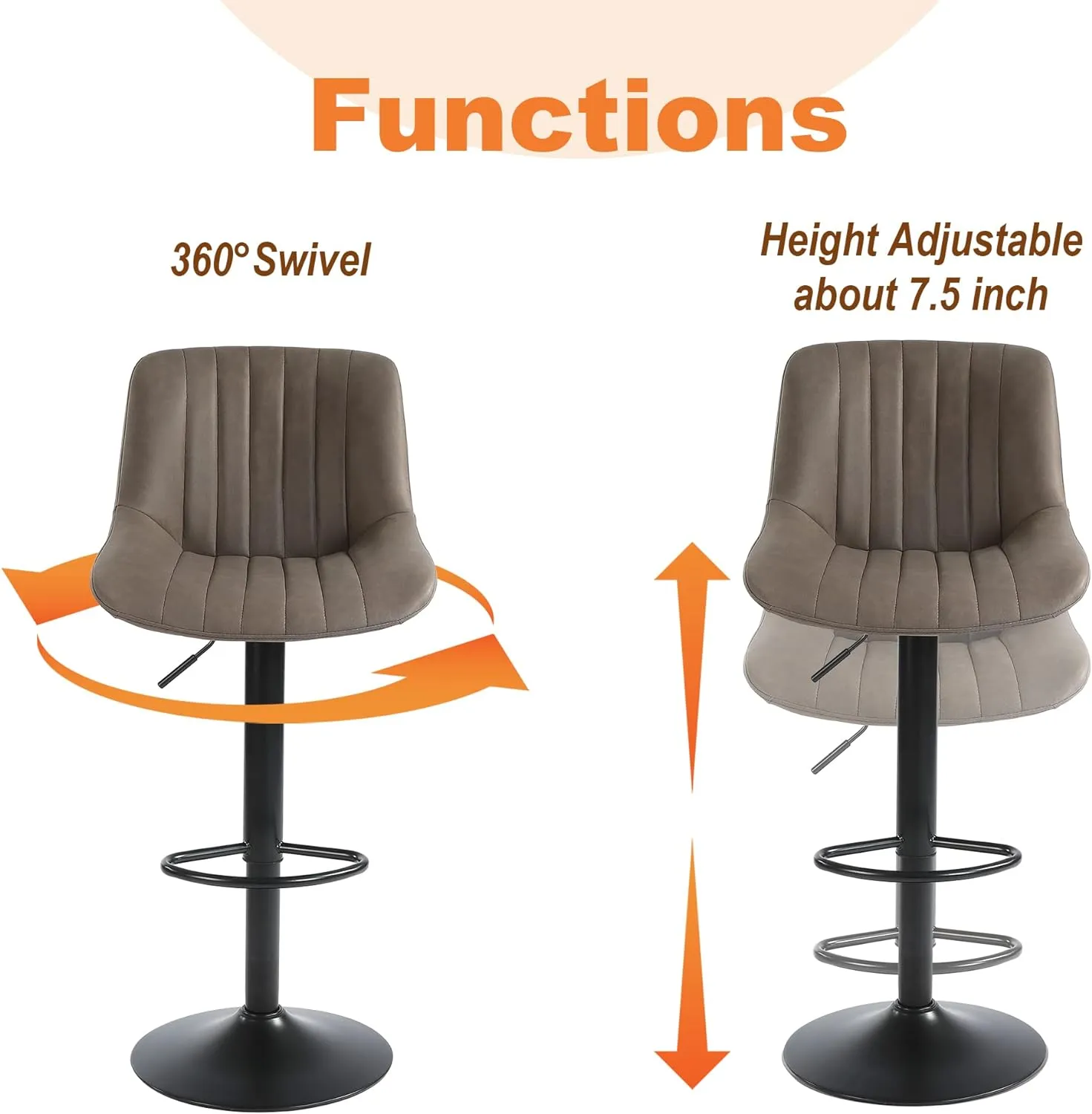 Bar Stools Set of 2, Swivel Counter Height Barstools with Back, Adjustable Faux PU Leather Bar Chairs, Modern Armless Kitchen Island Stool, Brown
