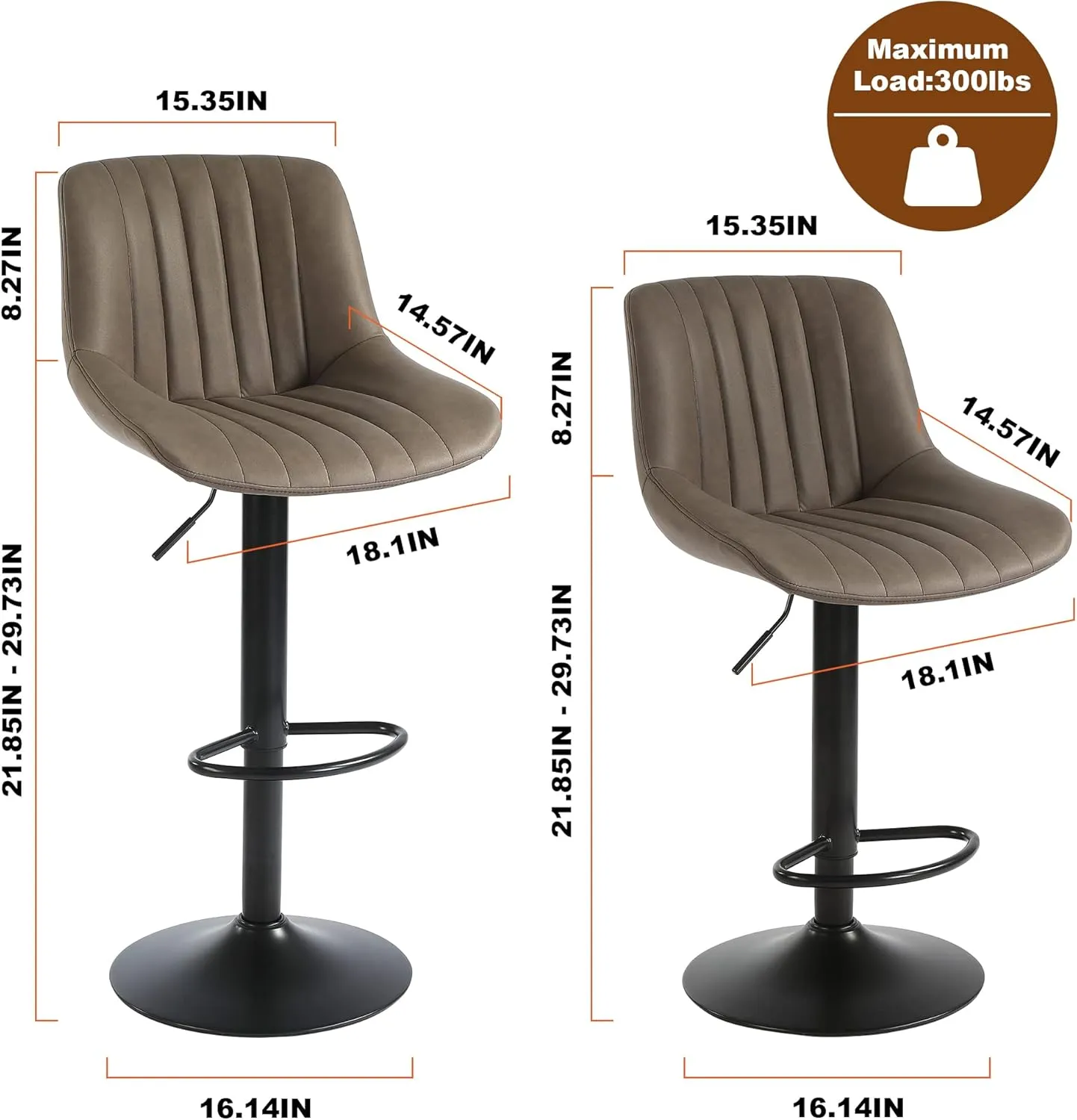 Bar Stools Set of 2, Swivel Counter Height Barstools with Back, Adjustable Faux PU Leather Bar Chairs, Modern Armless Kitchen Island Stool, Brown