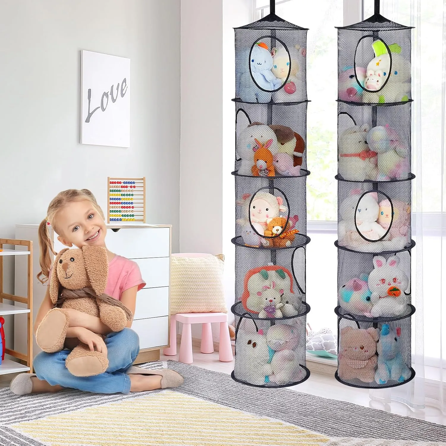 Basumee Stuffed Animals Net or Hammock 2 Pcs Stuffed Animals Storage Toy Net Hammock for Plushies Storage Organizer Mesh Kids Girls Room Decor, Black, 5 Tiers