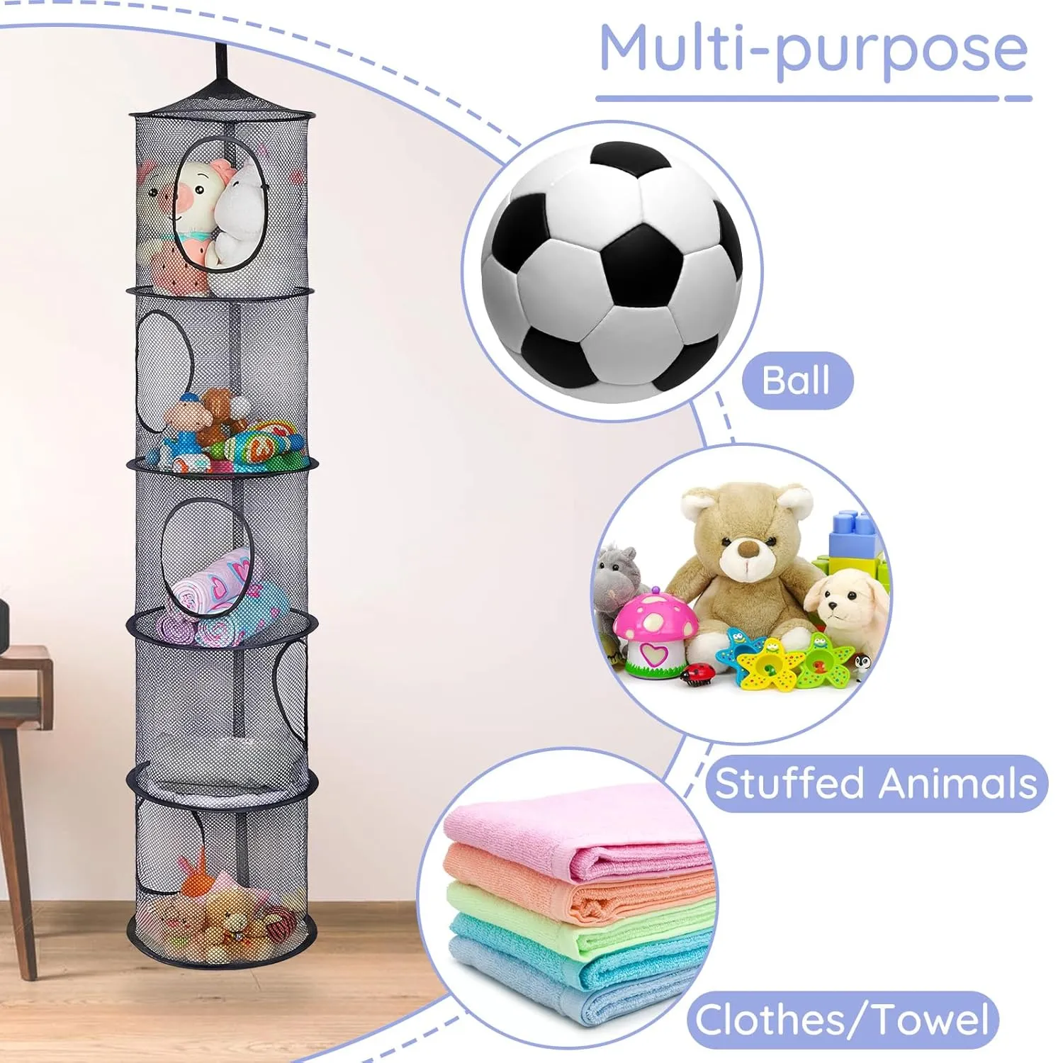 Basumee Stuffed Animals Net or Hammock 2 Pcs Stuffed Animals Storage Toy Net Hammock for Plushies Storage Organizer Mesh Kids Girls Room Decor, Black, 5 Tiers
