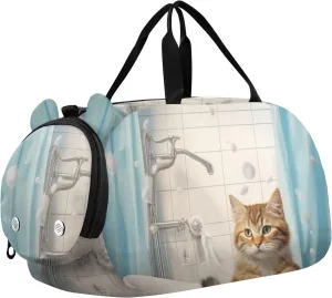 Bathroom Cat Duffle Bag for Girl, Sports Duffle Gym Bags with Shoe Compartment, Personalized Overnight Bag Travel Weekender for Kids