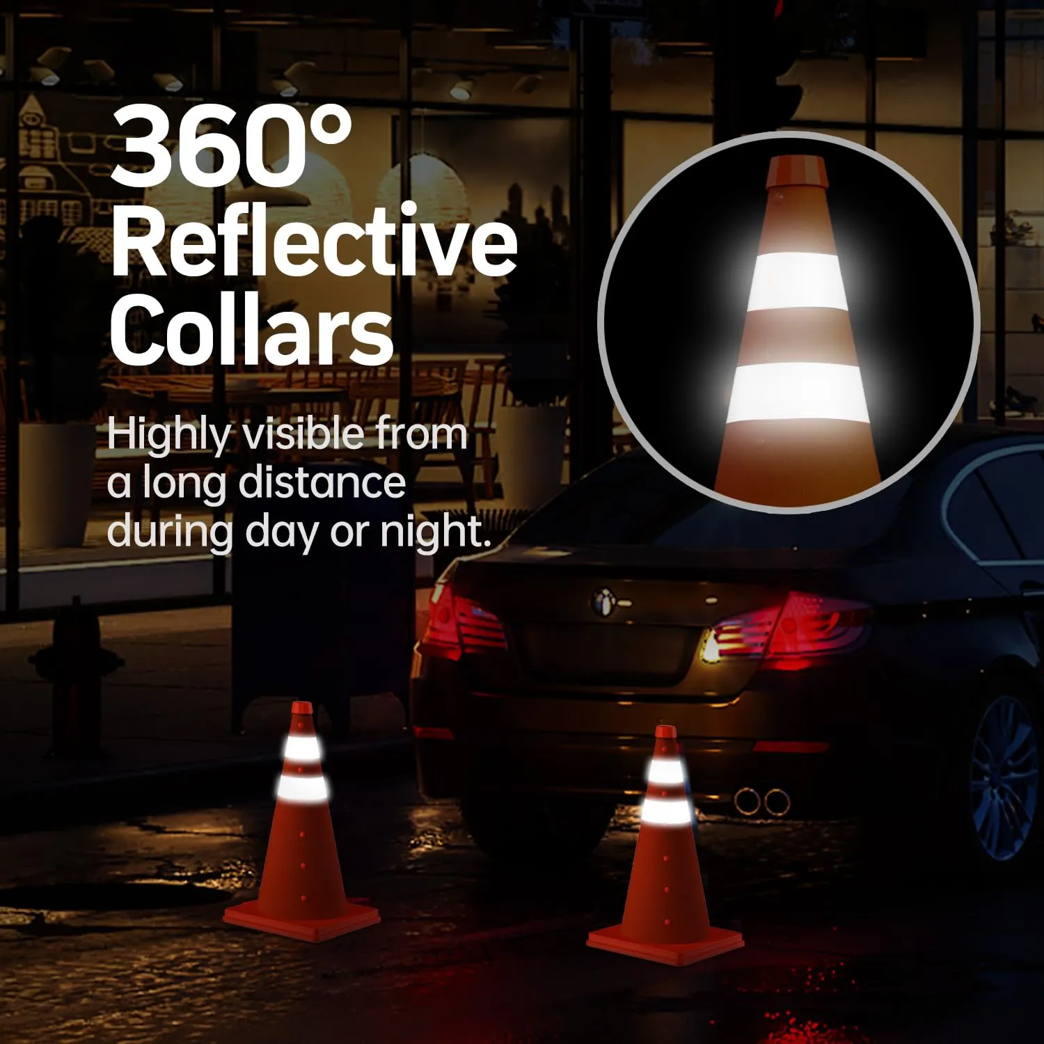 BATTIFE [4 Pack] 18 Inch Collapsible Traffic Safety Cones, Orange Cones, Multi Purpose Pop-up Cones with Reflective Collar, for Road Parking, Driving Practice