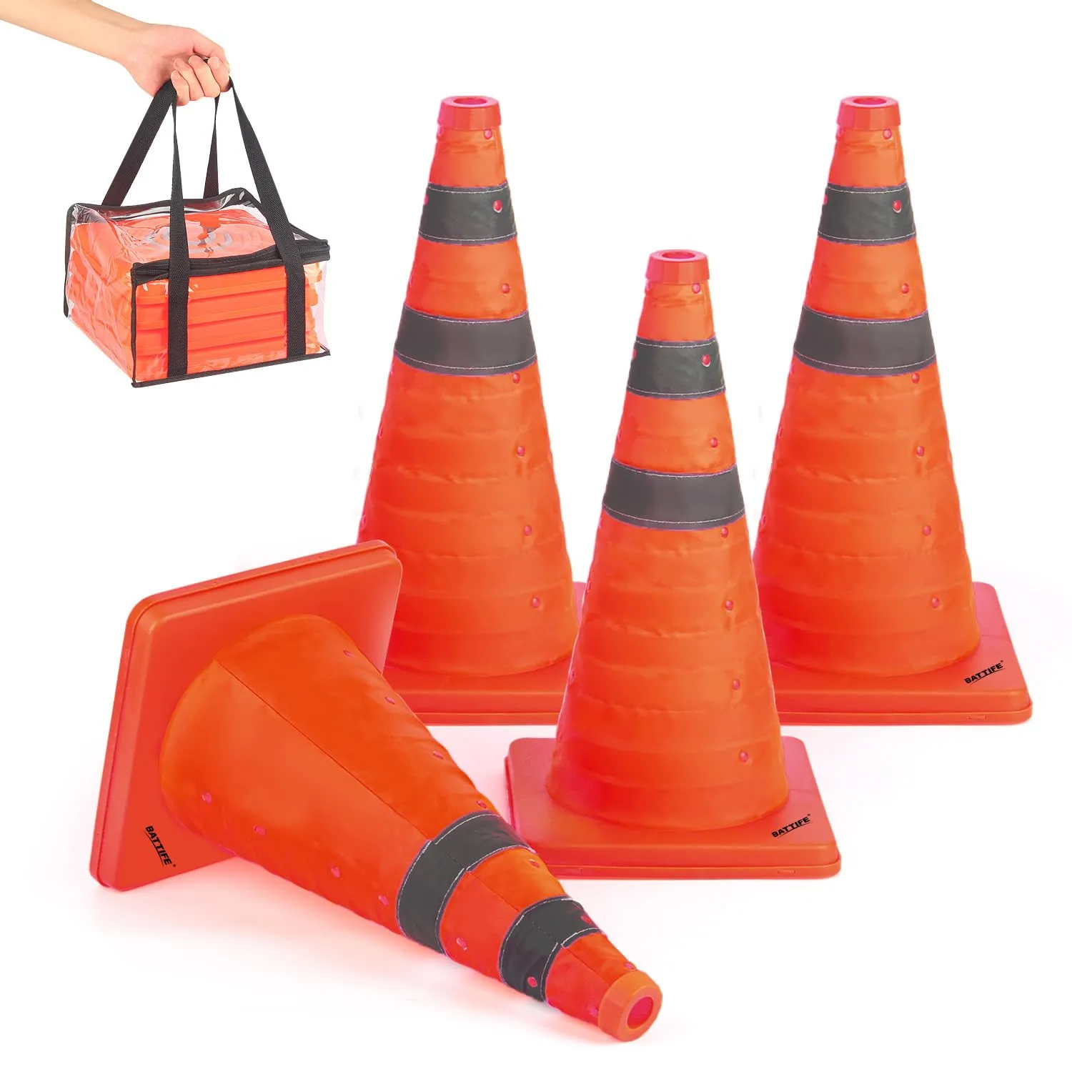 BATTIFE [4 Pack] 18 Inch Collapsible Traffic Safety Cones, Orange Cones, Multi Purpose Pop-up Cones with Reflective Collar, for Road Parking, Driving Practice