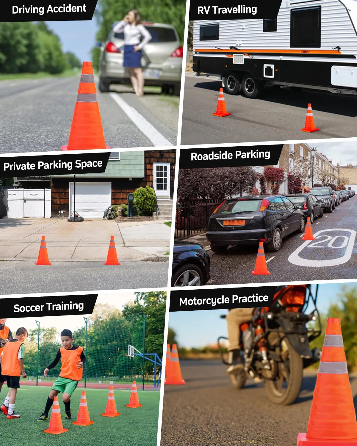 BATTIFE [4 Pack] 18 Inch Collapsible Traffic Safety Cones, Orange Cones, Multi Purpose Pop-up Cones with Reflective Collar, for Road Parking, Driving Practice