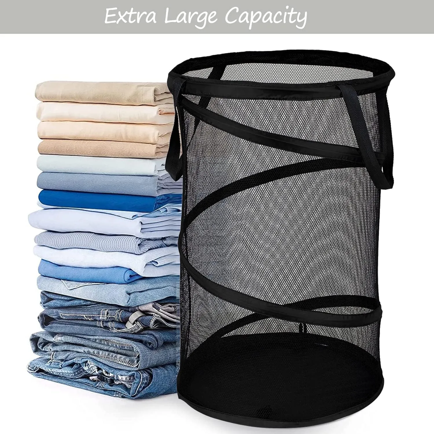 BATTOO 2 Pack Large Collapsible Laundry Basket Foldable Mesh Pop Up Hamper with Handles for Laundry Room, Bathroom, Kids Room, College Dorm, Travel, Storage Organizer Black