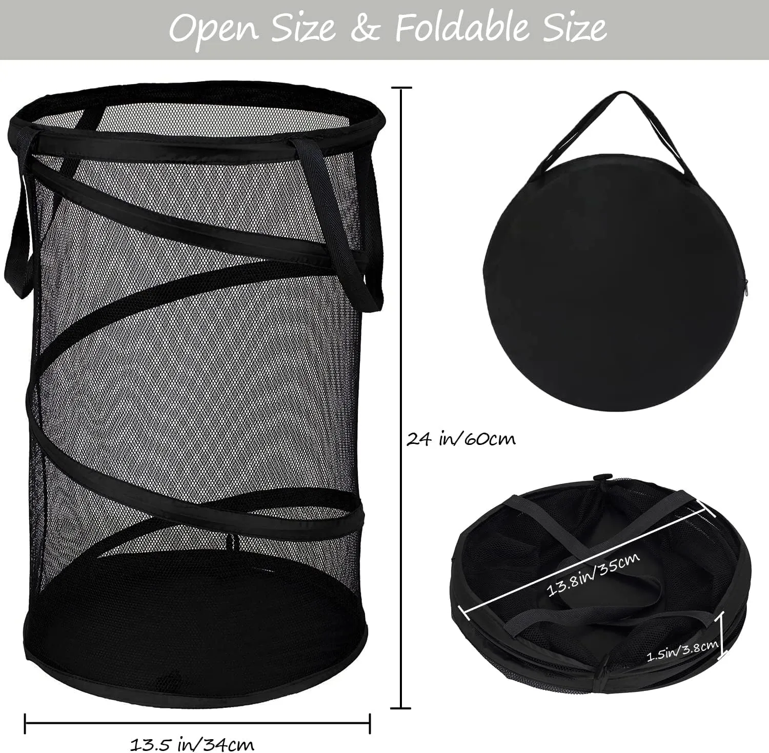 BATTOO 2 Pack Large Collapsible Laundry Basket Foldable Mesh Pop Up Hamper with Handles for Laundry Room, Bathroom, Kids Room, College Dorm, Travel, Storage Organizer Black