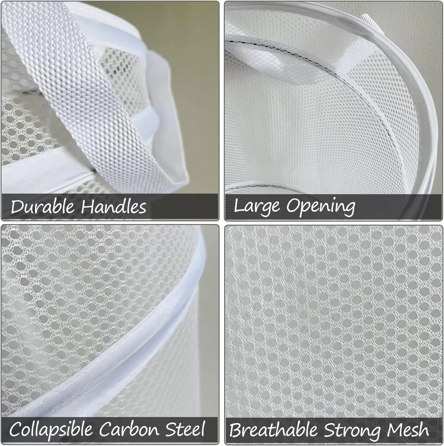 BATTOO Large Collapsible Laundry Basket Foldable Mesh Pop Up Hamper with Handles for Laundry Room, Bathroom, Kids Room, College Dorm, Travel, Storage Organizer White