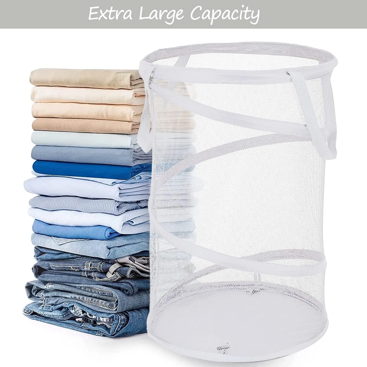 BATTOO Large Collapsible Laundry Basket Foldable Mesh Pop Up Hamper with Handles for Laundry Room, Bathroom, Kids Room, College Dorm, Travel, Storage Organizer White