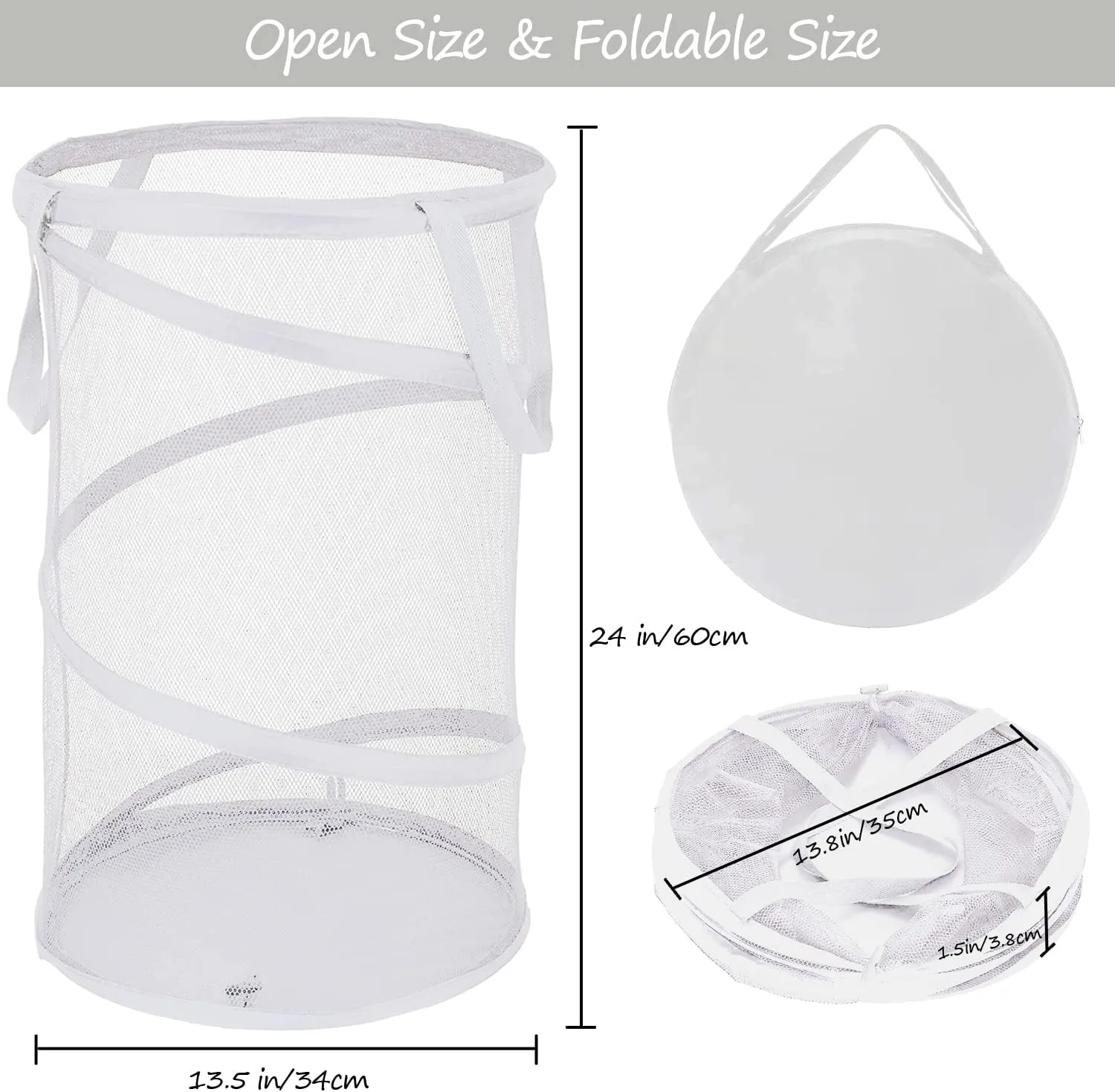 BATTOO Large Collapsible Laundry Basket Foldable Mesh Pop Up Hamper with Handles for Laundry Room, Bathroom, Kids Room, College Dorm, Travel, Storage Organizer White