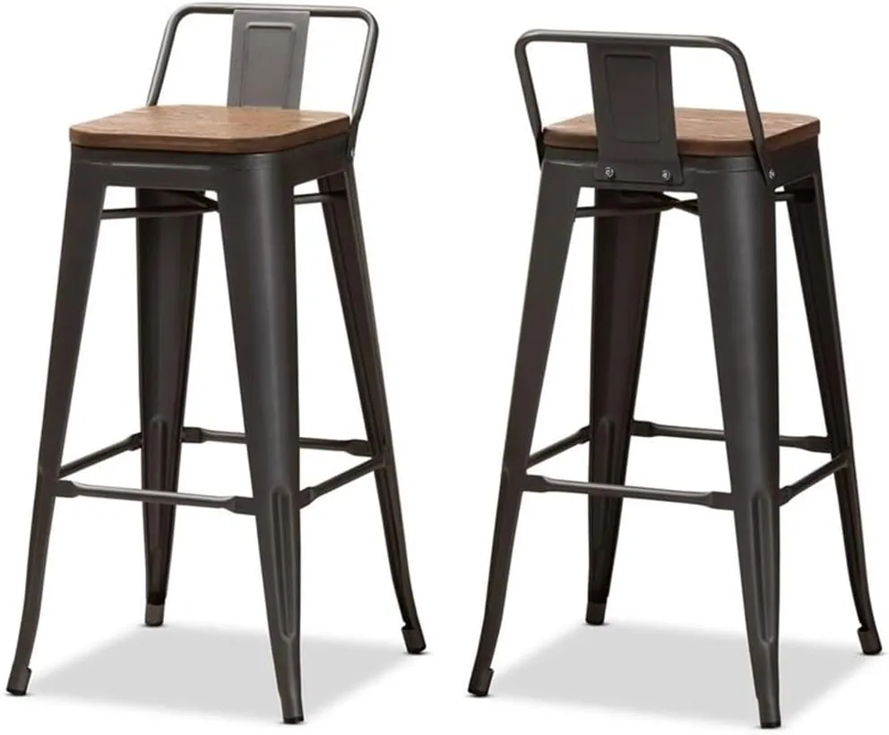 Baxton Studio Henri Vintage Rustic Industrial Style Tolix-Inspired Bamboo and Gun Metal-Finished Steel Stackable Bar Stool with Backrest Set