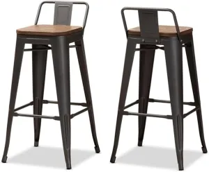 Baxton Studio Henri Vintage Rustic Industrial Style Tolix-Inspired Bamboo and Gun Metal-Finished Steel Stackable Bar Stool with Backrest Set